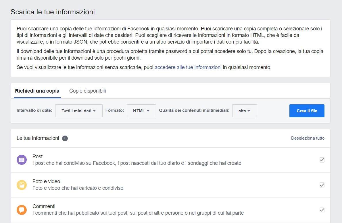 facebook salvataggio dati privacy